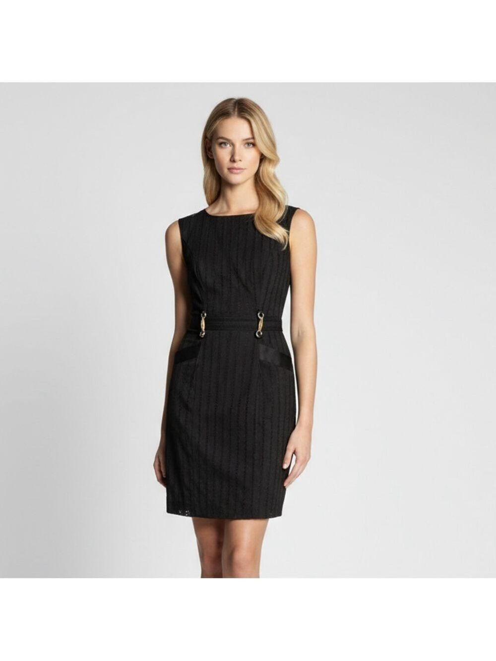 Ellen Tracy Black Eyelet Sheath Dress Gold Hardware Minimalist, Equestrian Sz 12